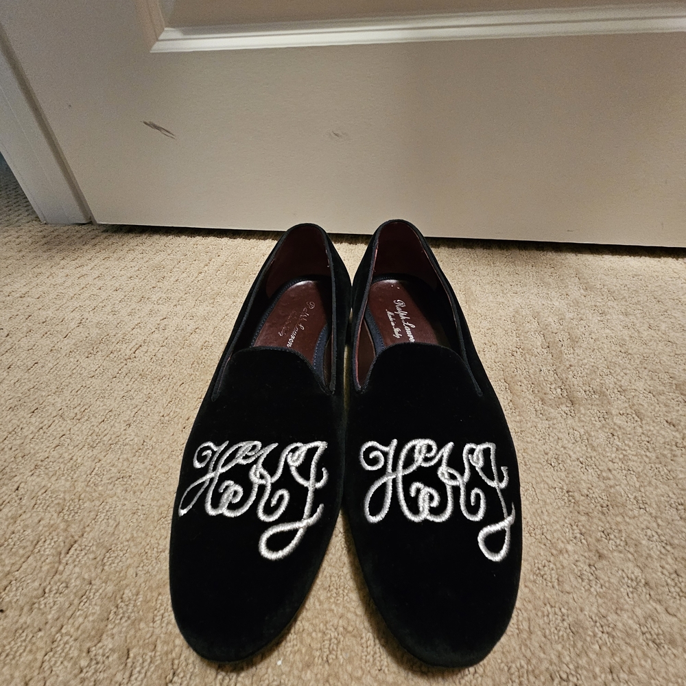 Ralph Lauren Black Velvet Loafers with Silver Embroidery